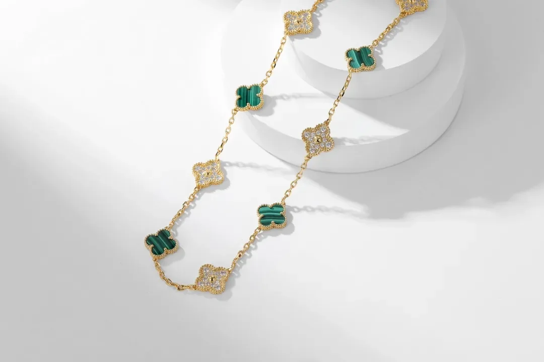 Van Cleef  Arpels Alhambra Green and Pave-Effect Ten-Motif Gold-Tone Necklace product view 3