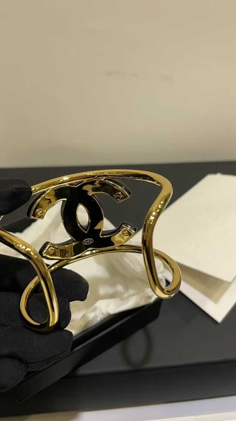 Chanel Wide Enamel CC Open Cuff Black and Gold-Tone product view 3