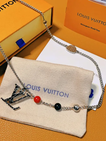 Louis Vuitton Dotted LV Monogram Bead Necklace Silver-Tone with Red and Black Beads product view 2