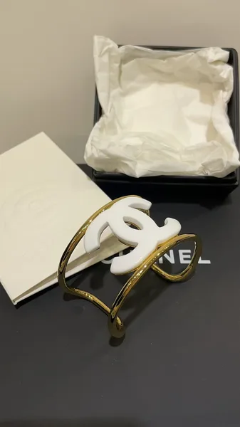Chanel Wide Enamel CC Open Cuff White and Gold-Tone product view 3