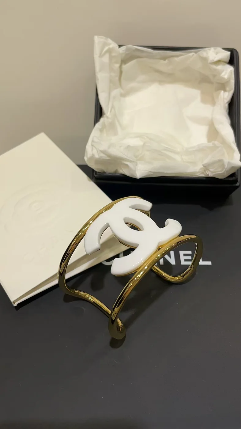 Chanel Wide Enamel CC Open Cuff White and Gold-Tone product view 3