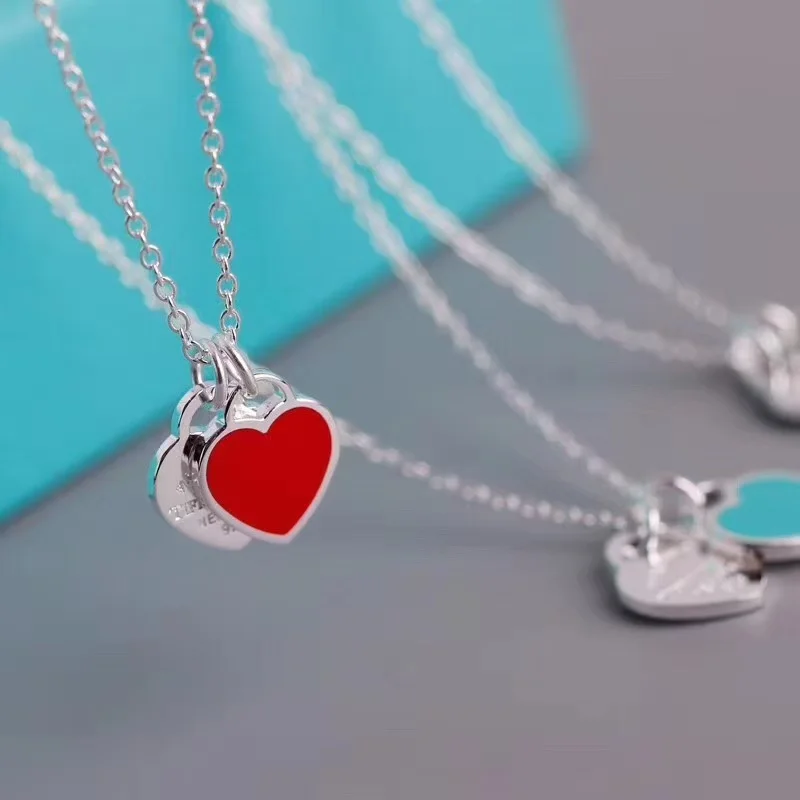 Tiffany  Co. Double Heart Tag Necklace Silver-Tone with Red Inlay product view 1