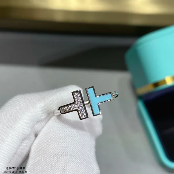 Tiffany  Co. Double T Colored Inlay Ring Silver-Tone with Blue Inlay product photo