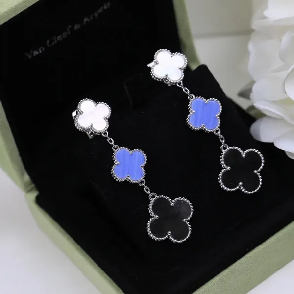 Van Cleef  Arpels Alhambra White Blue and Black Three-Motif Silver-Tone Drop Earrings product view 9