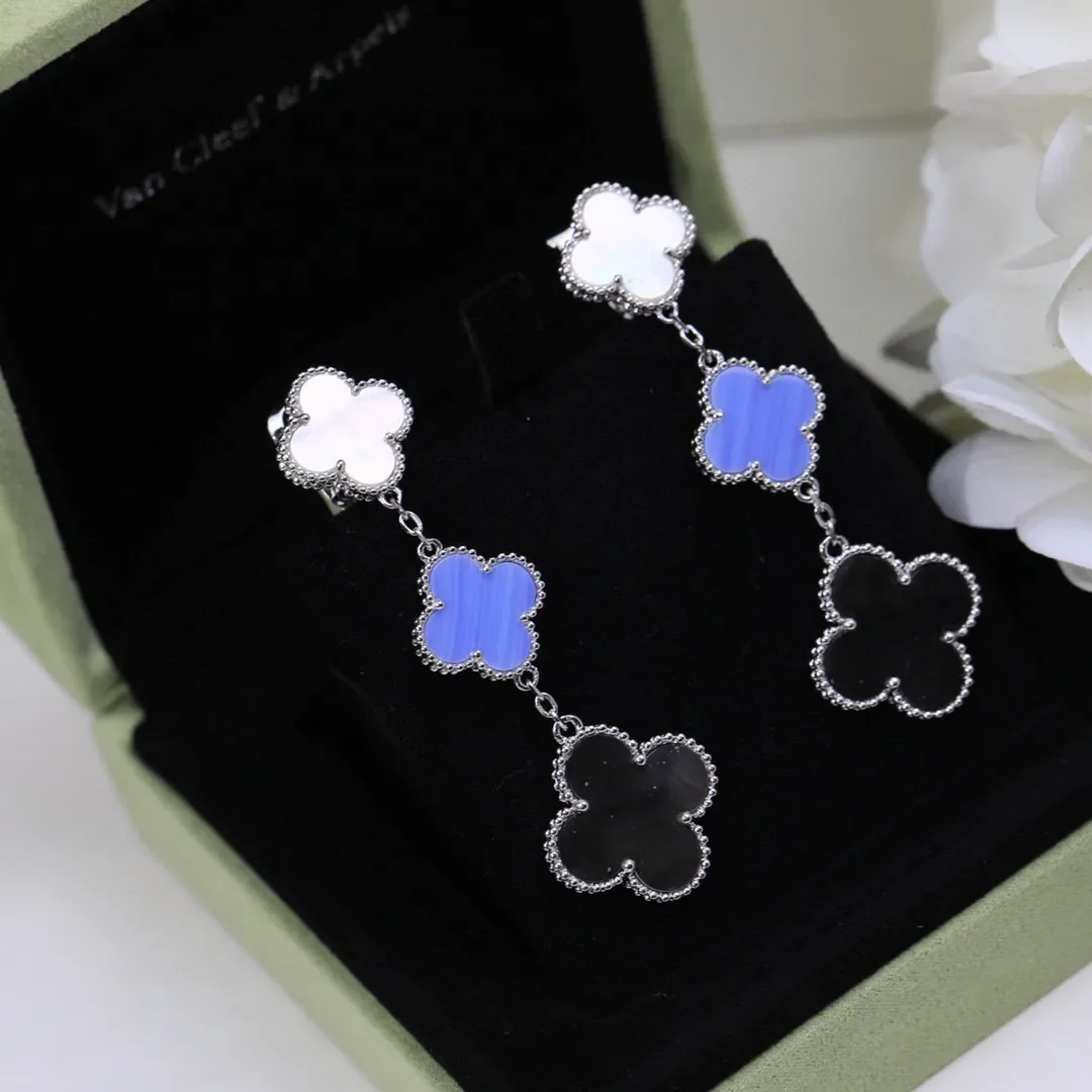 Van Cleef  Arpels Alhambra White Blue and Black Three-Motif Silver-Tone Drop Earrings product view 9