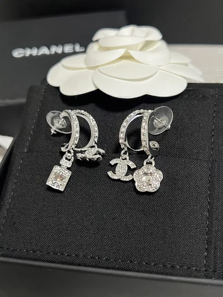 Chanel Asymmetric Perfume Bottle and Camellia Charm Earrings Silver-Tone product view 2