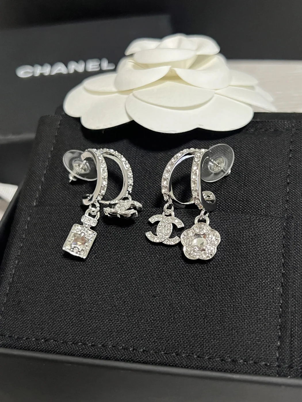 Chanel Asymmetric Perfume Bottle and Camellia Charm Earrings Silver-Tone product view 2