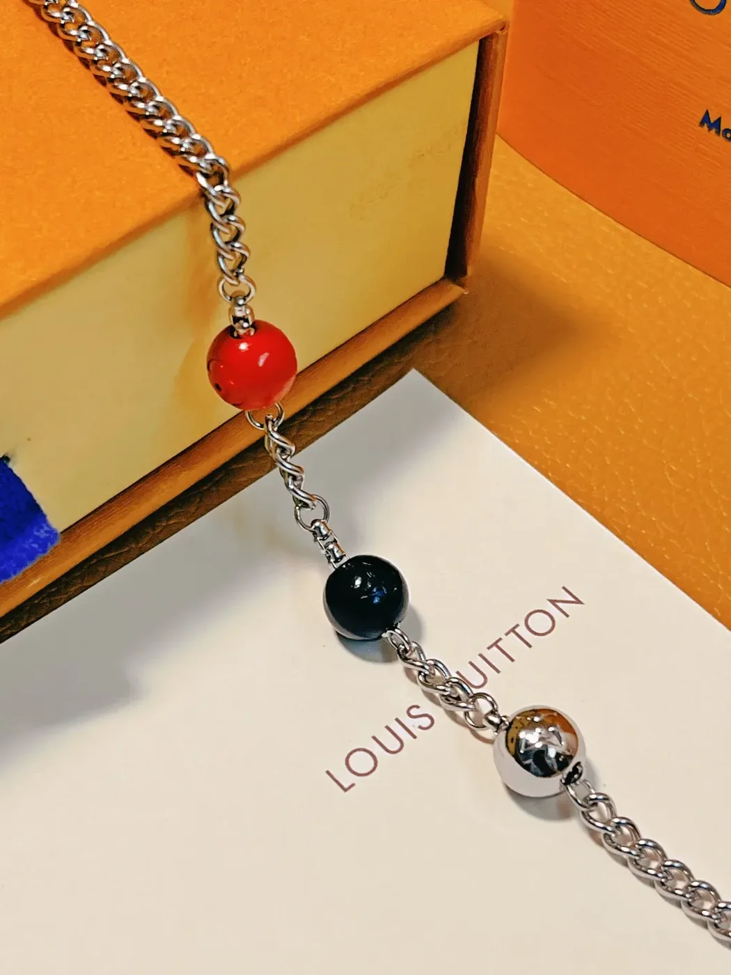 Louis Vuitton Dotted LV Monogram Bead Necklace Silver-Tone with Red and Black Beads product view 4