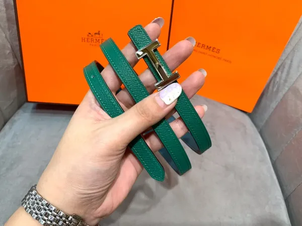 Hermès Green/Black Reversible Belt with Silver-Tone Slim H Buckle product view 6