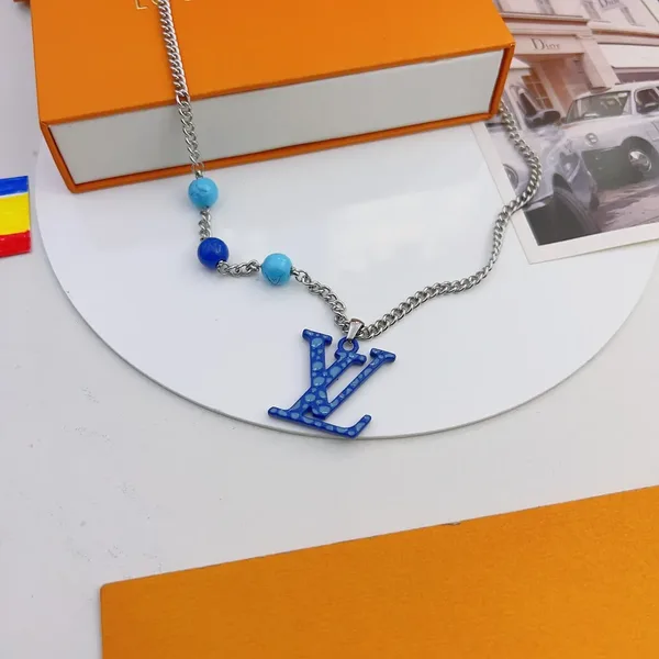 Louis Vuitton Dotted LV Monogram Bead Necklace Silver-Tone with Blue Beads product view 2