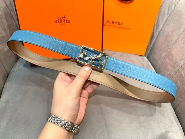 Hermès Blue/Taupe Reversible Belt with Silver-Tone Horse-and-Carriage Buckle product view 6