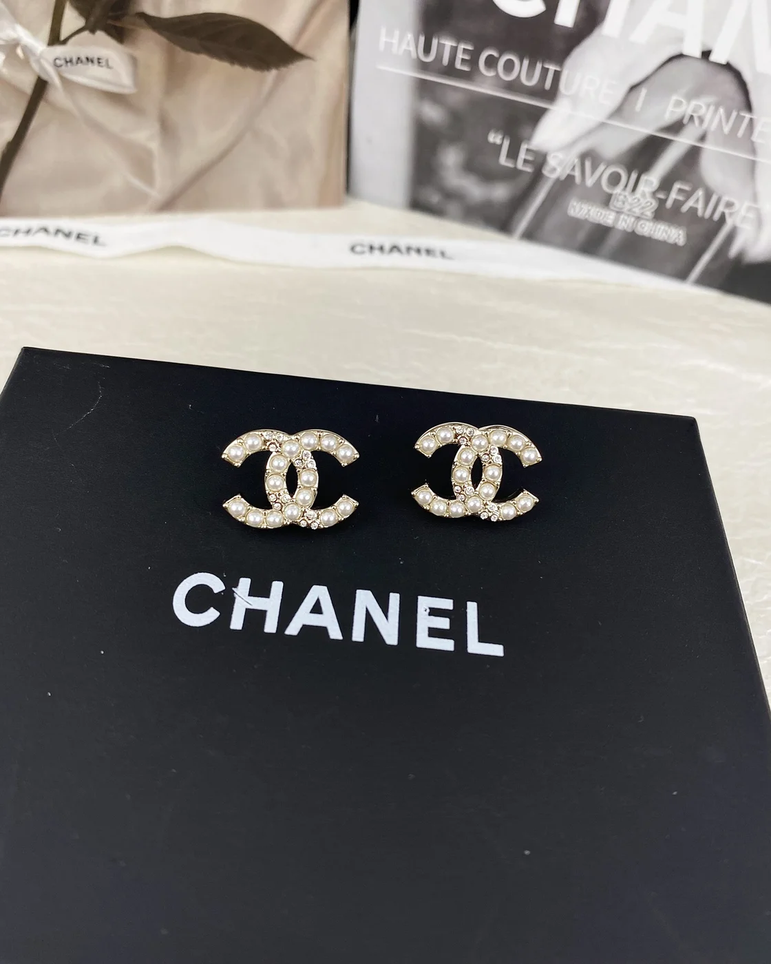 Chanel Pearl-Effect Pavé CC Stud Earrings Gold-Tone product view 1