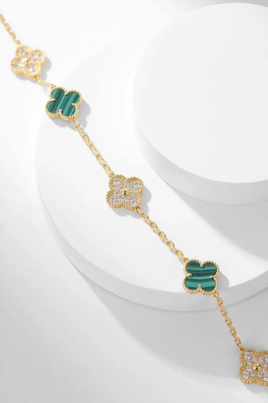 Van Cleef  Arpels Alhambra Green and Pave-Effect Ten-Motif Gold-Tone Necklace product view 4