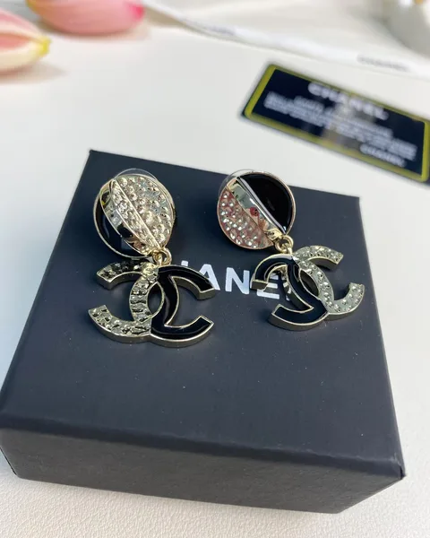 Chanel Black Enamel Pavé CC Drop Earrings Black and Gold-Tone product view 2