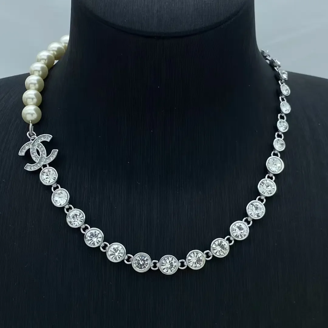 Chanel Half Pavé Half Pearl-Effect Necklace Silver-Tone product view 1