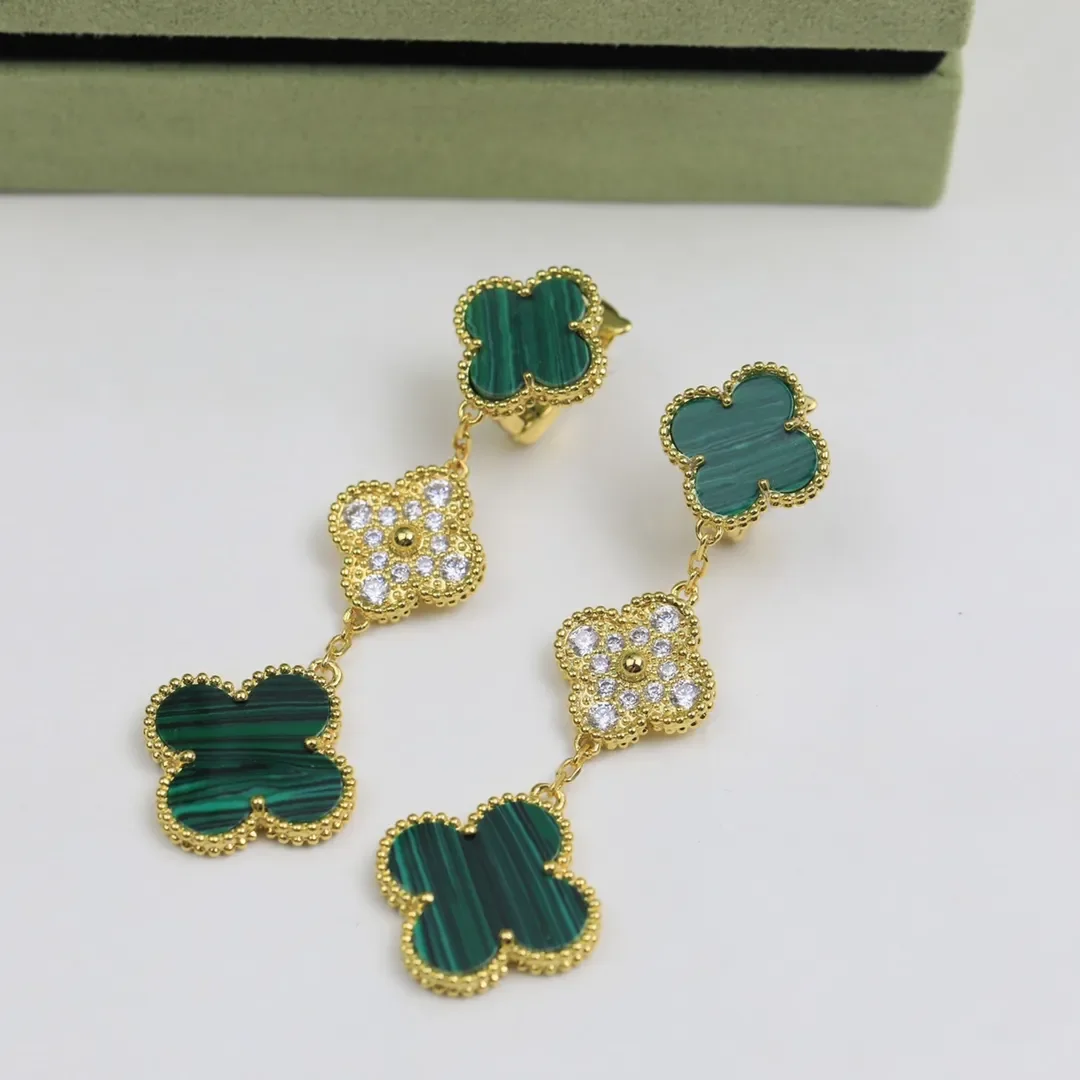 Van Cleef  Arpels Alhambra Green and Pave-Effect Three-Motif Gold-Tone Drop Earrings product view 6