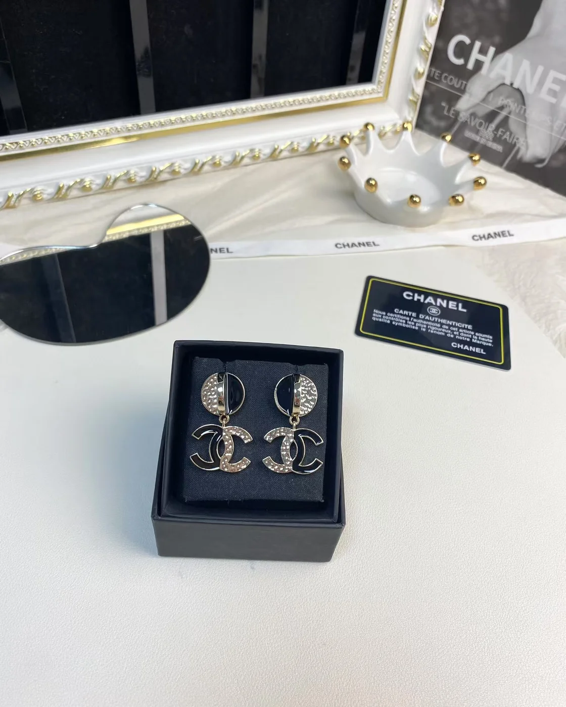 Chanel Black Enamel Pavé CC Drop Earrings Black and Gold-Tone product view 6