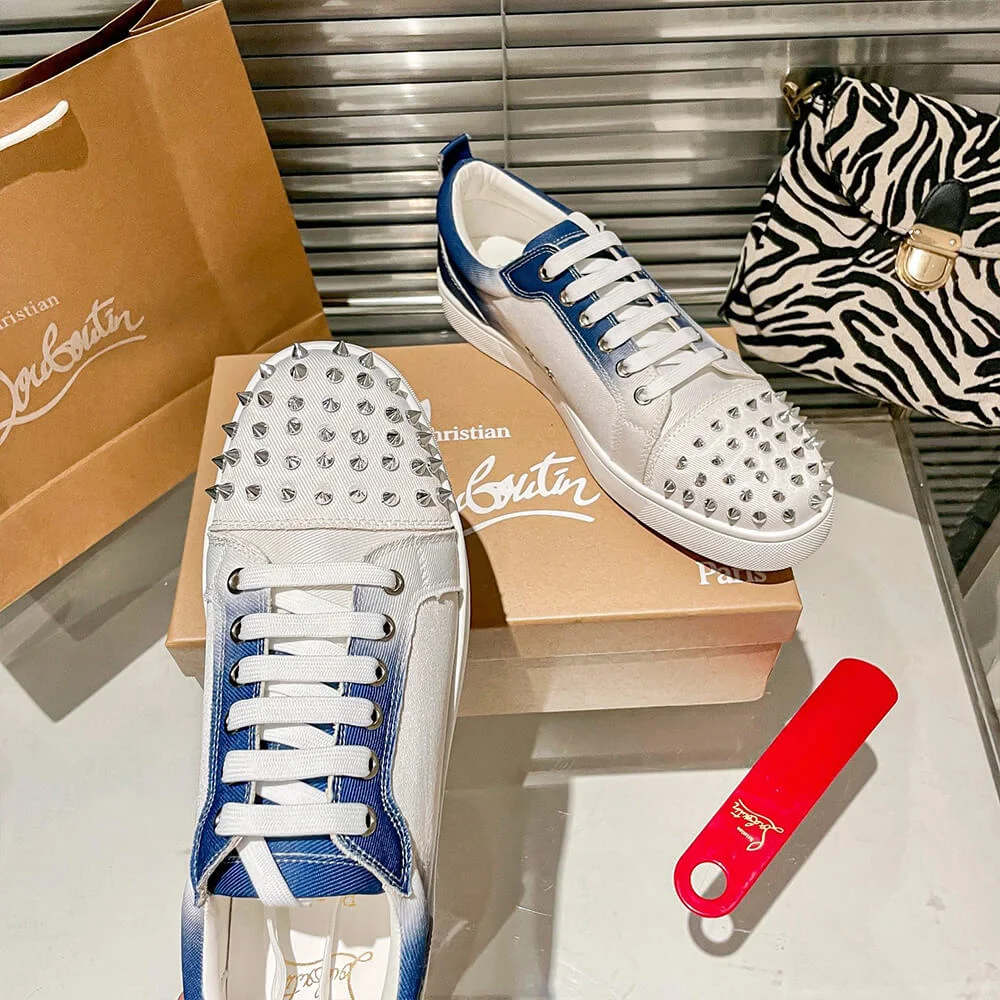 Christian Louboutin Louis Junior Spikes Sneakers White and Blue product view 6