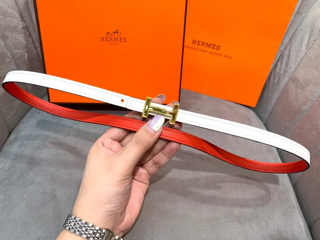 Hermès White/Red Reversible Belt with Gold-Tone Slim H Buckle product view 5