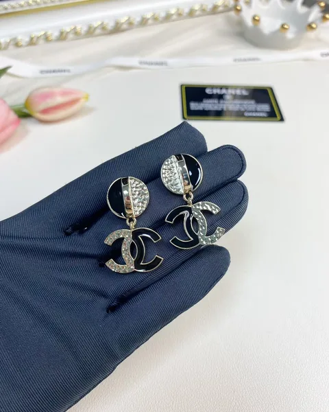 Chanel Black Enamel Pavé CC Drop Earrings Black and Gold-Tone product view 3