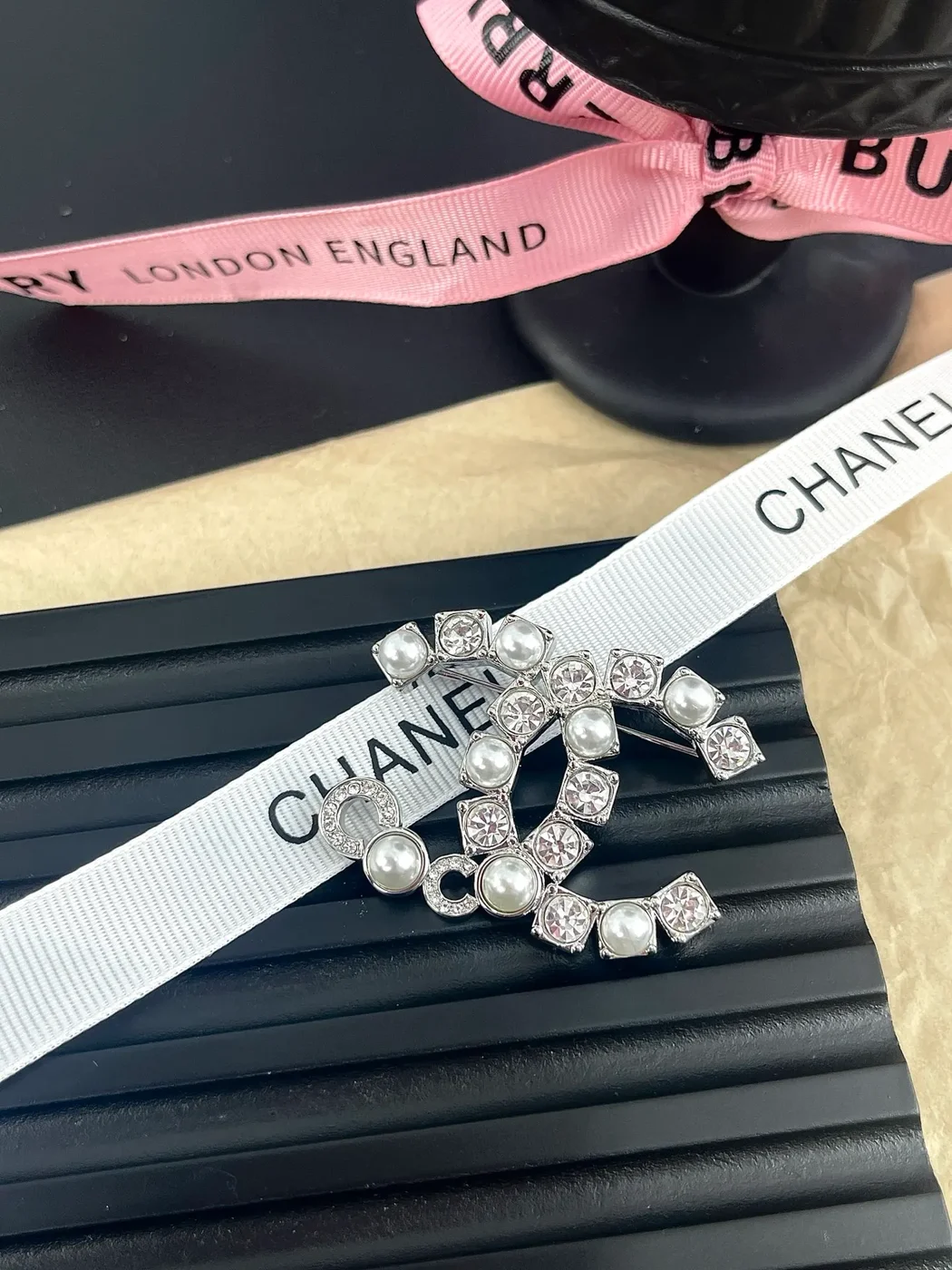 Chanel Rhinestone Pearl-Effect CC Brooch Silver-Tone product view 1