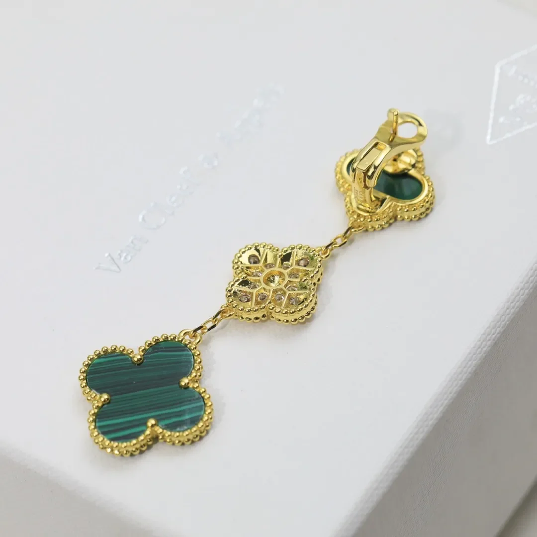 Van Cleef  Arpels Alhambra Green and Pave-Effect Three-Motif Gold-Tone Drop Earrings product view 7