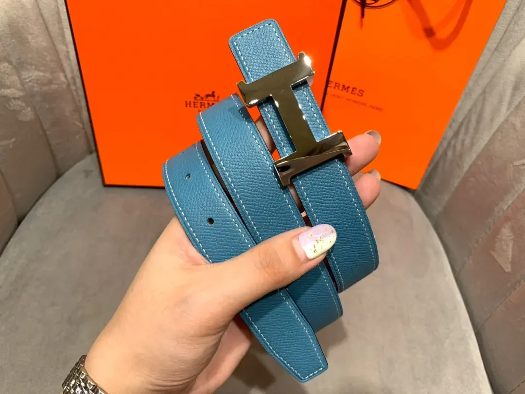 Hermès Blue/Taupe Reversible Belt with Silver-Tone Wide H Buckle product view 6