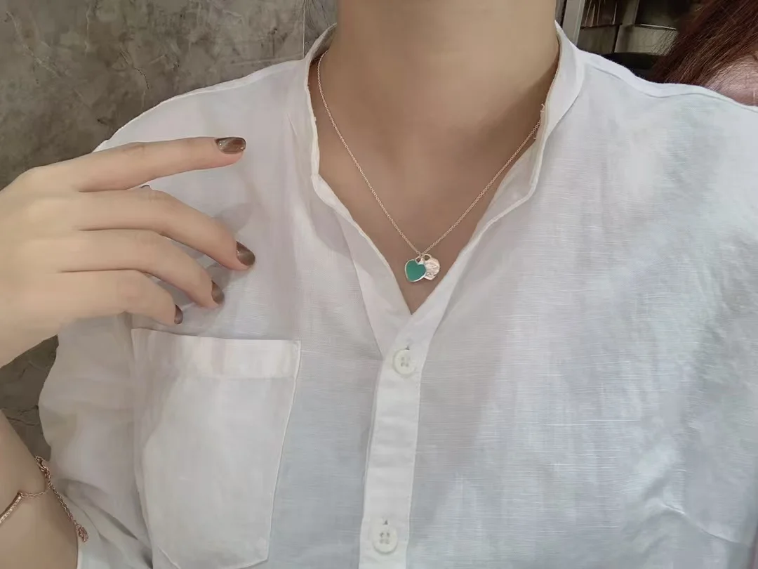Tiffany  Co. Double Heart Tag Necklace Silver-Tone with Blue Inlay product view 4