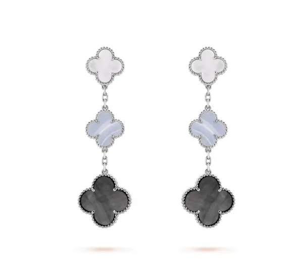 Van Cleef  Arpels Alhambra White Blue and Black Three-Motif Silver-Tone Drop Earrings product photo
