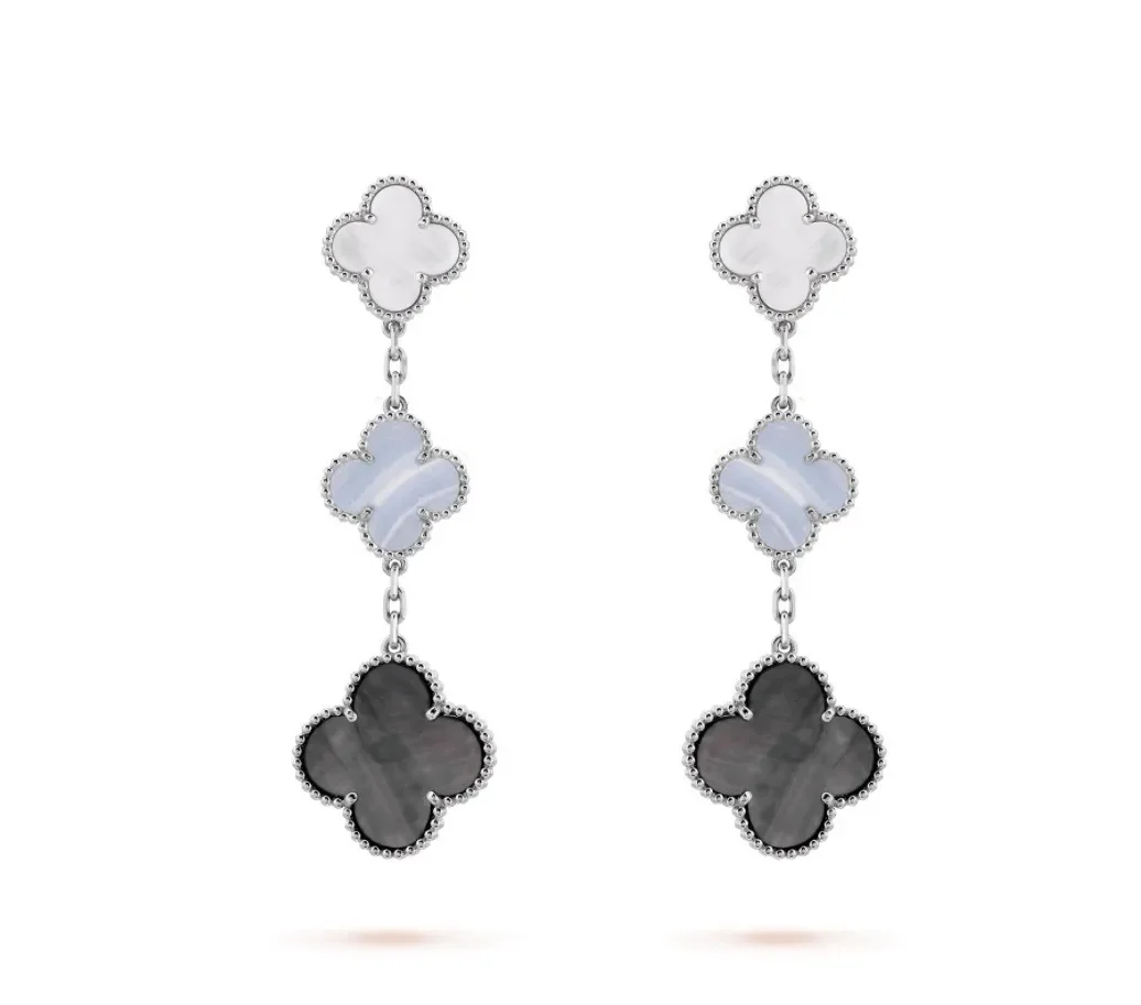 Van Cleef  Arpels Alhambra White Blue and Black Three-Motif Silver-Tone Drop Earrings product view 1