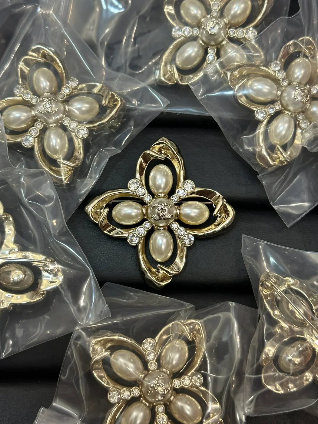 Chanel Pearl-Effect Four-Petal Floral Brooch Gold-Tone product view 1