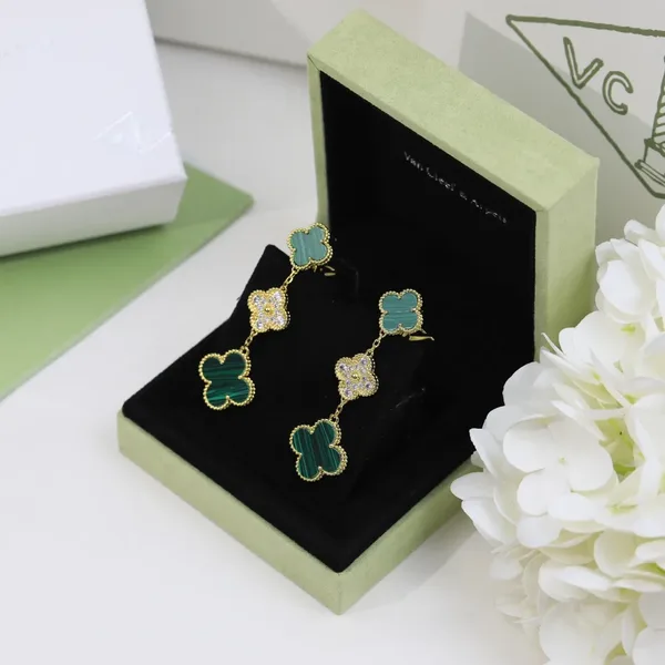 Van Cleef  Arpels Alhambra Green and Pave-Effect Three-Motif Gold-Tone Drop Earrings product view 3