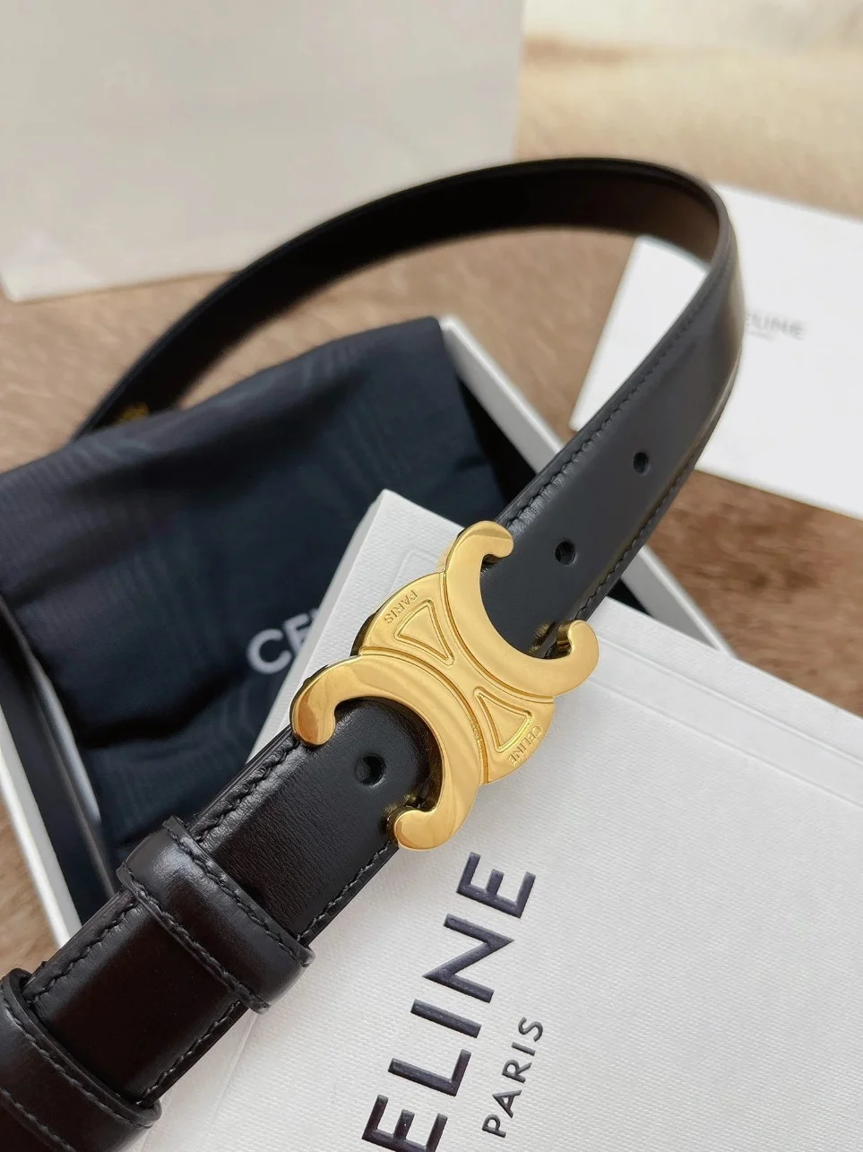 Celine Medium Triomphe Belt 25MM in Black Calfskin product view 2