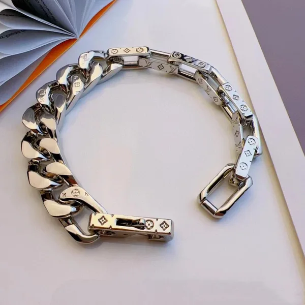 Louis Vuitton Mixed Cuban and Plate Link Open Bracelet Silver-Tone product view 4