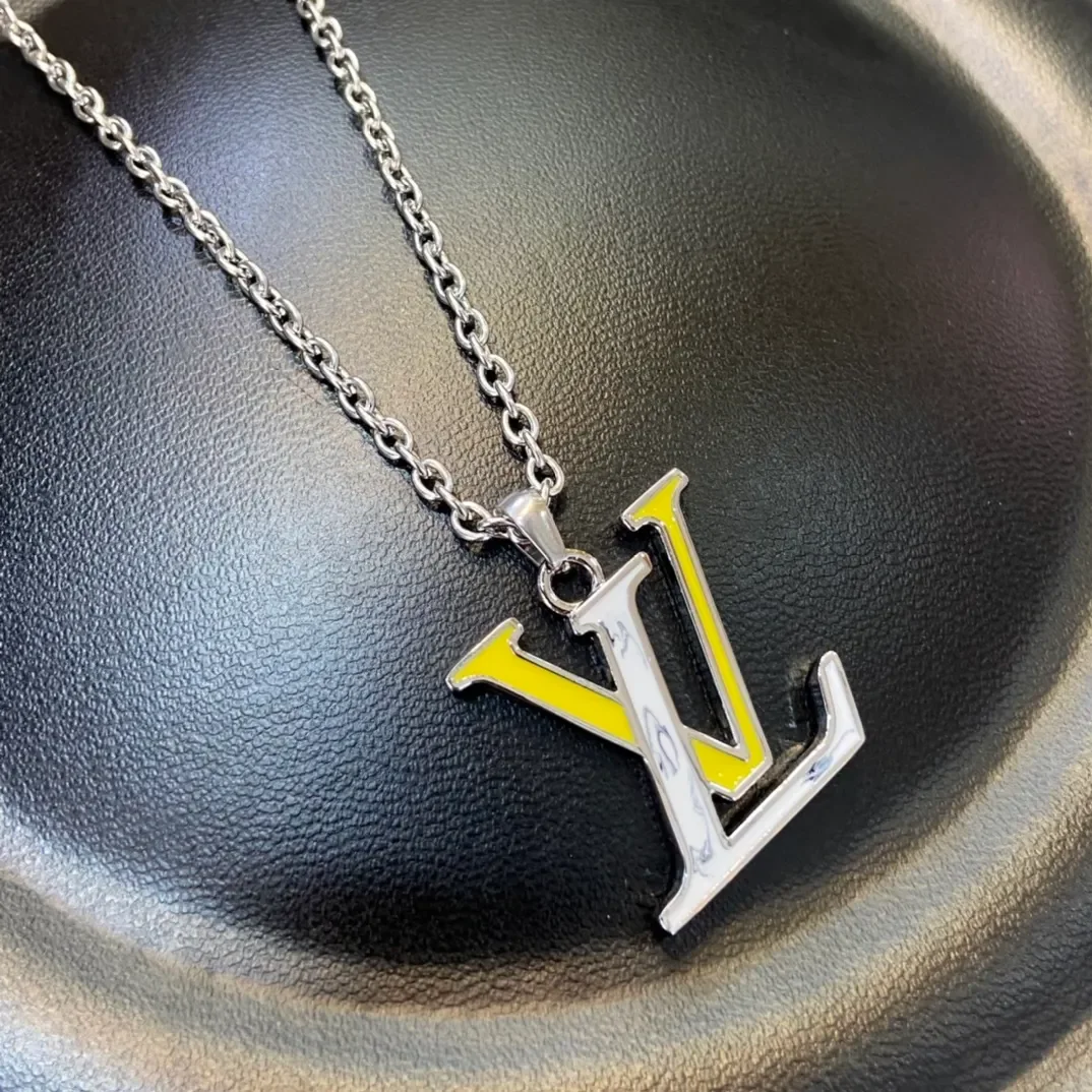Louis Vuitton Enamel LV Monogram Pendant Necklace White Yellow and Silver-Tone product view 4