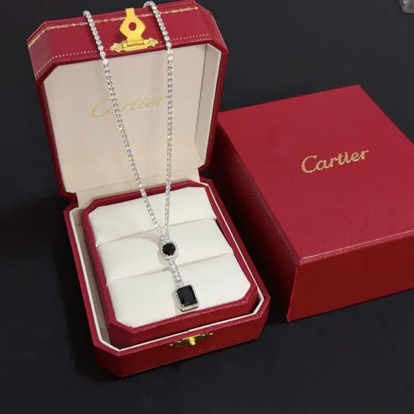 Cartier Black Rectangular Silver-Tone Pendant Necklace product photo