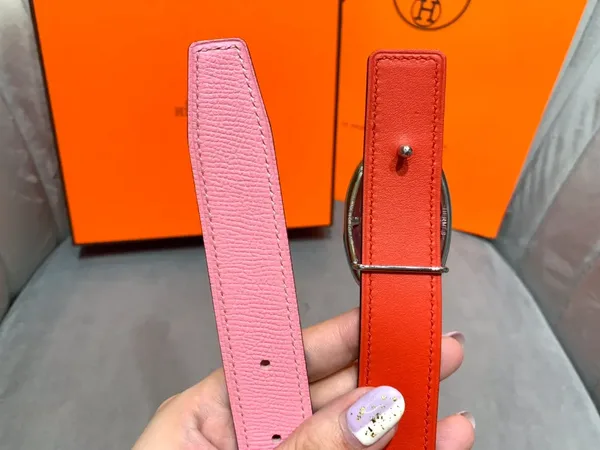 Hermès Pink/Red Reversible Belt with Silver-Tone Oval Buckle product view 7