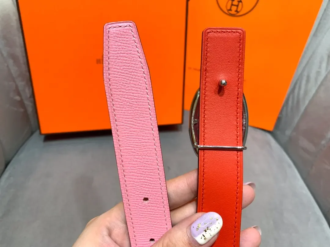 Hermès Pink/Red Reversible Belt with Silver-Tone Oval Buckle product view 7