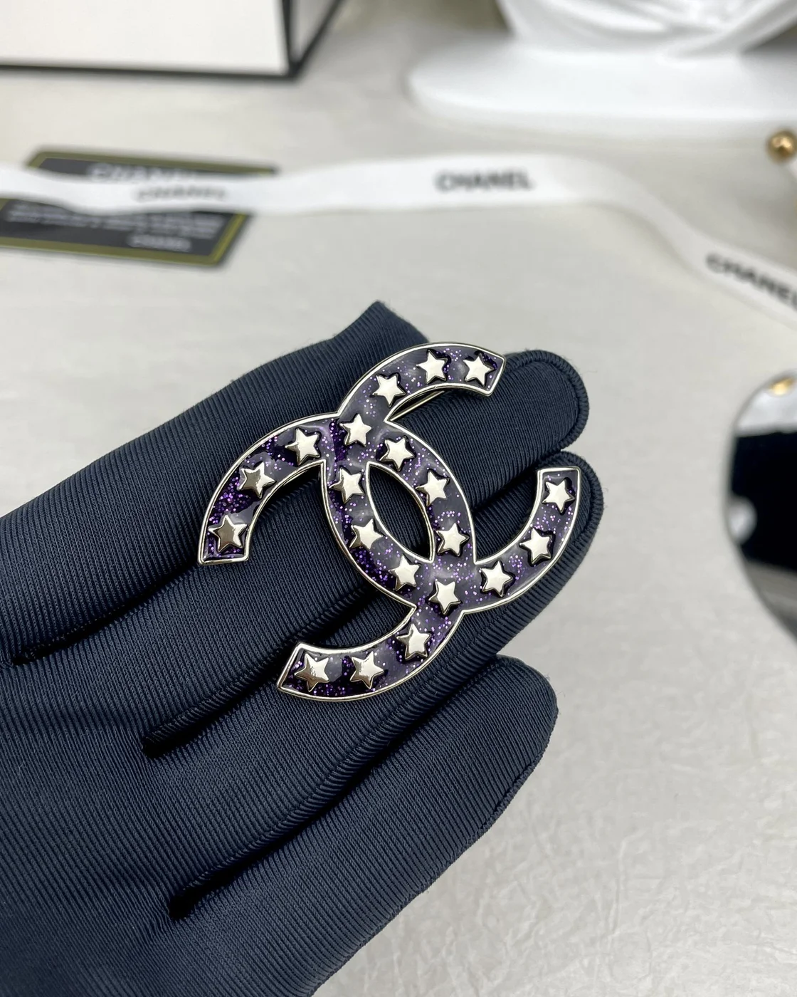 Chanel Star Enamel CC Brooch Navy and Silver-Tone product view 3