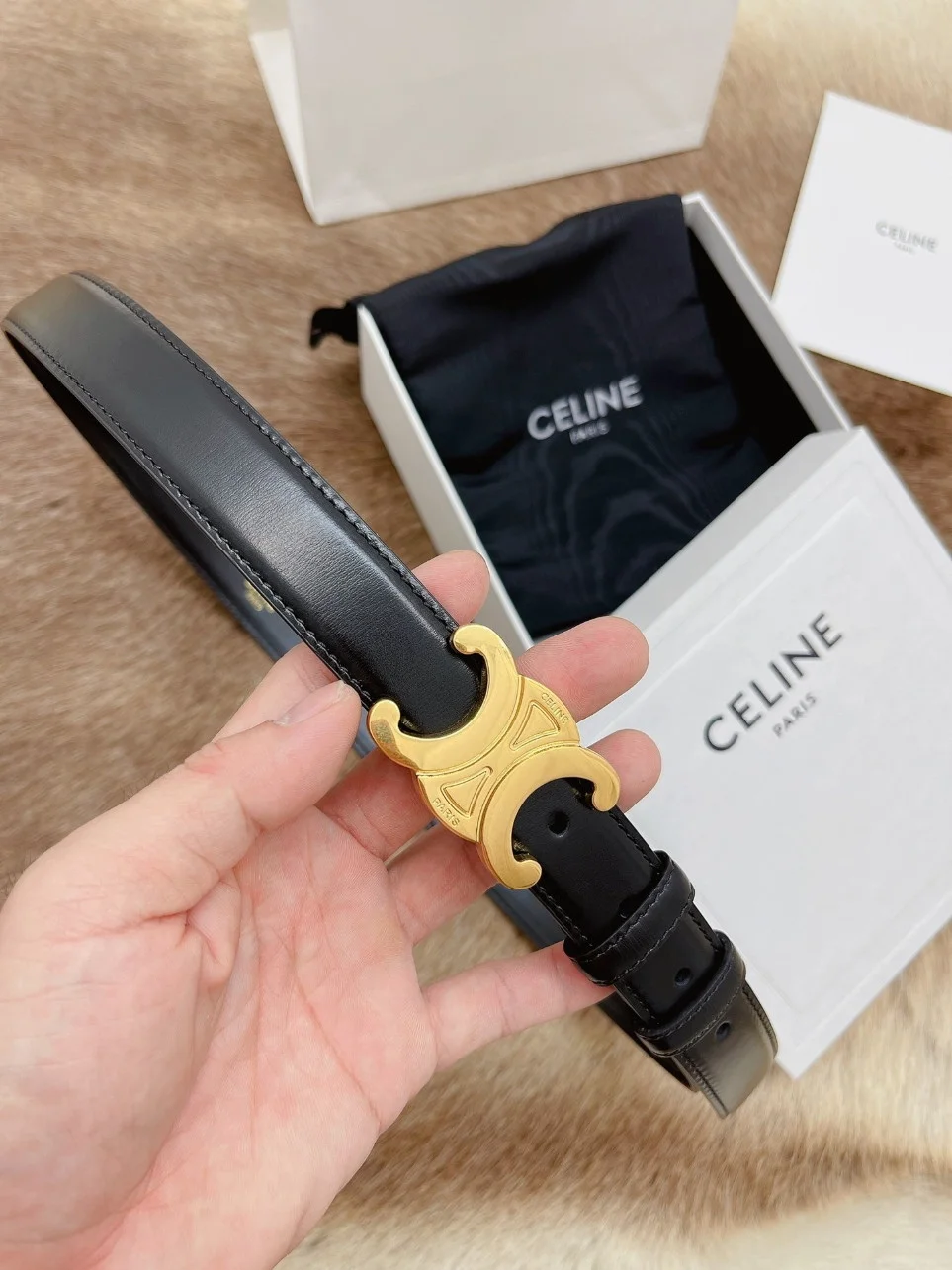 Celine Medium Triomphe Belt 25MM in Black Calfskin product view 5