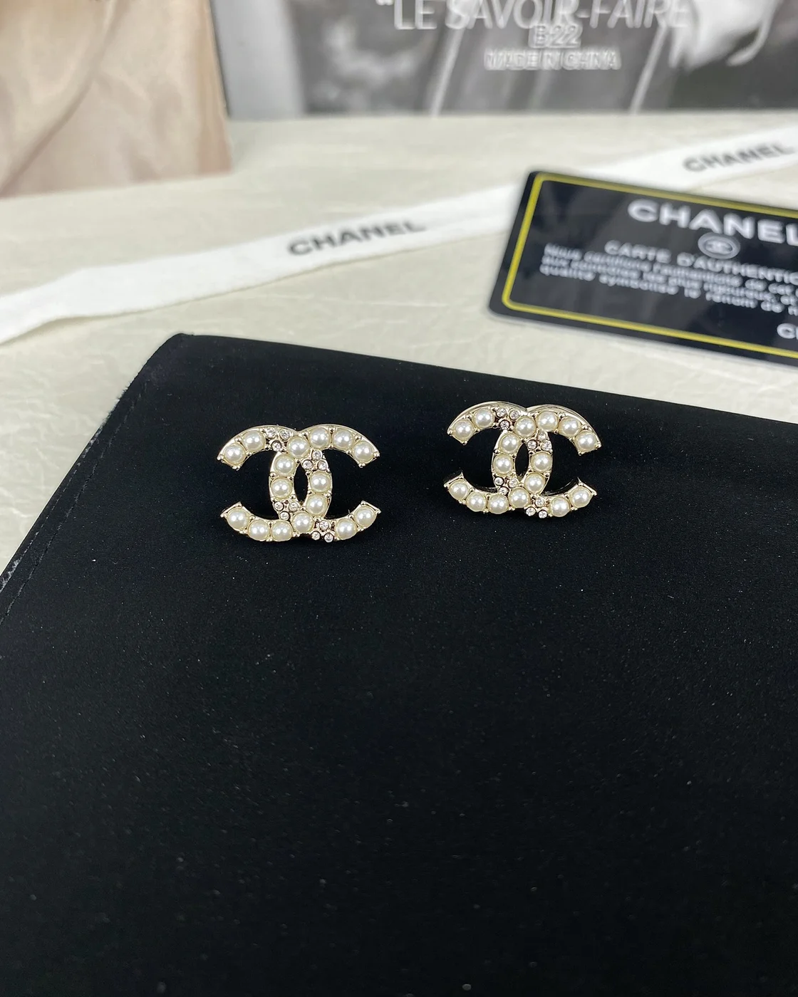 Chanel Pearl-Effect Pavé CC Stud Earrings Gold-Tone product view 5