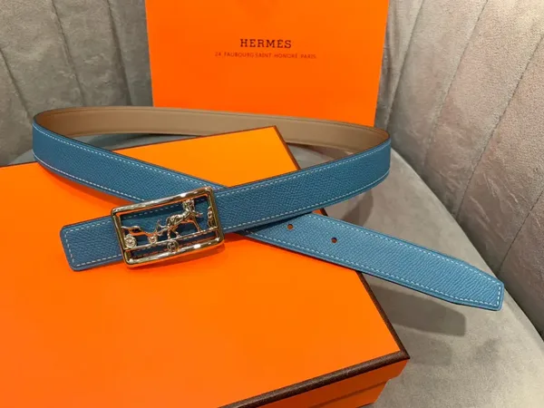 Hermès Blue/Taupe Reversible Belt with Silver-Tone Horse-and-Carriage Buckle product photo