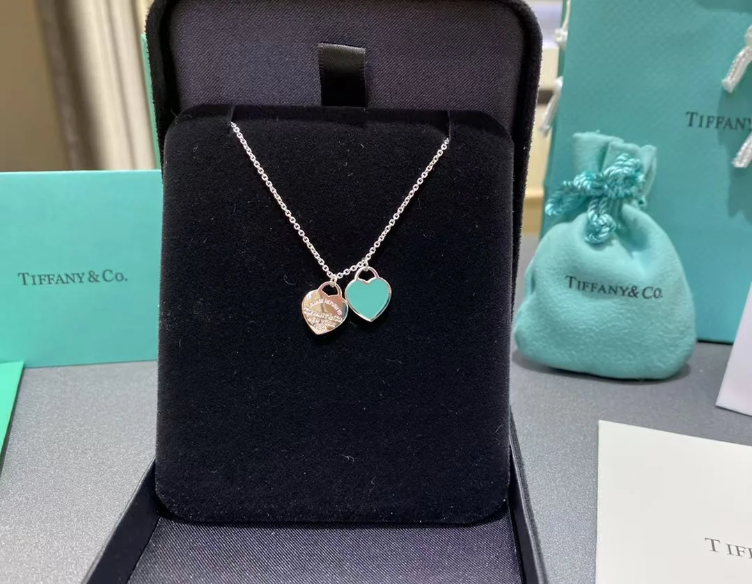 Tiffany  Co. Double Heart Tag Necklace Silver-Tone with Pink Inlay product view 1