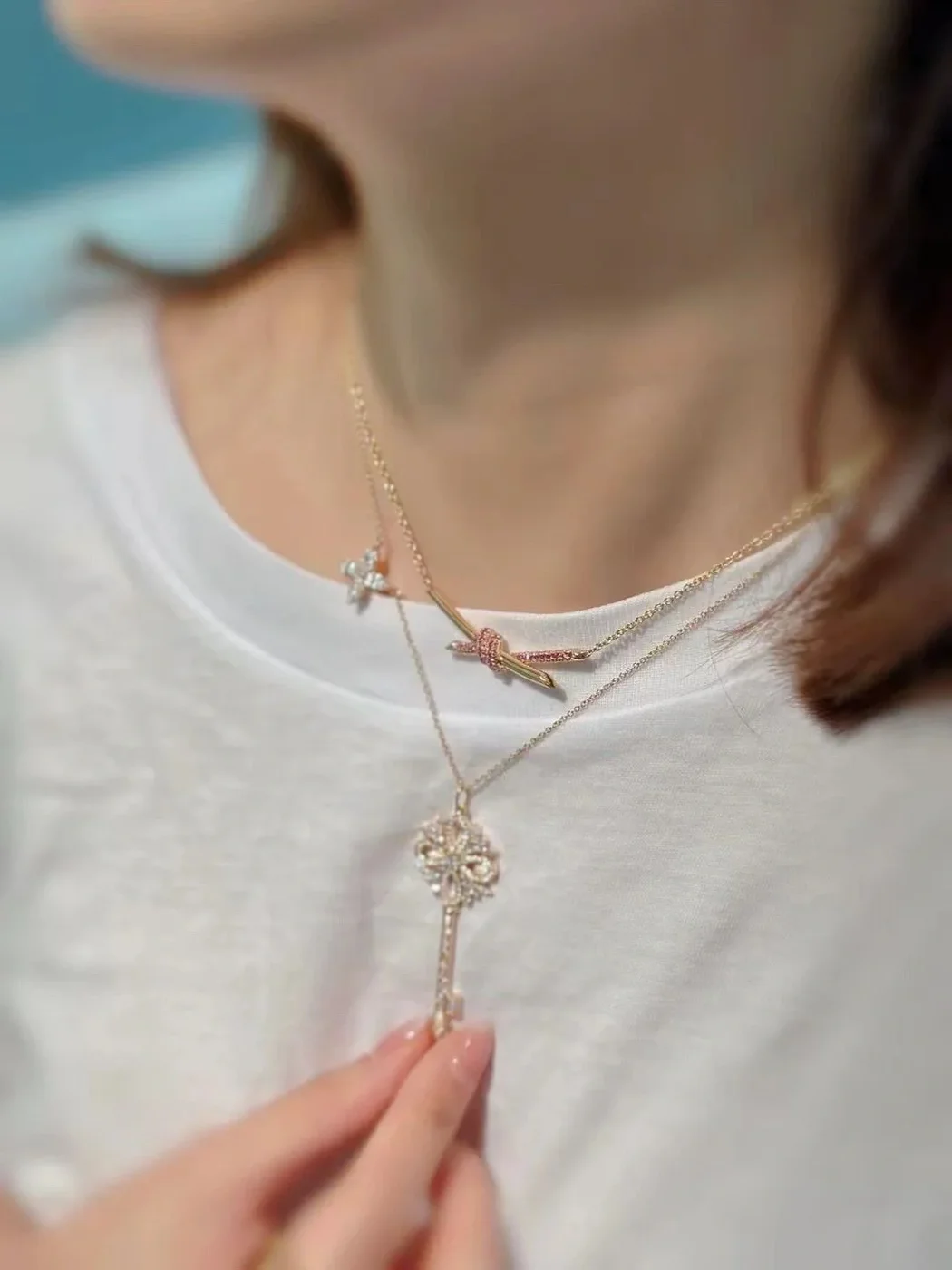 Tiffany  Co. Knot Pink Pavé-Effect Pendant Necklace Rose-Tone product view 5
