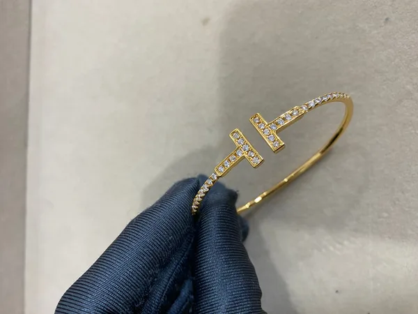 Tiffany  Co. Double T Square-Bar Pavé-Effect Cuff Gold-Tone product photo