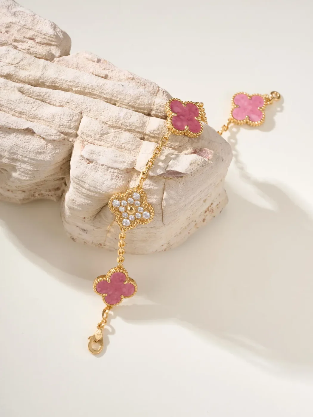 Van Cleef  Arpels Alhambra Pink Clover and Pave-Effect Gold-Tone Bracelet product view 3