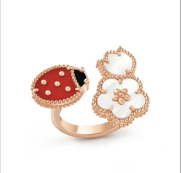 Van Cleef  Arpels Rose-Gold-Tone Red Ladybug and White Clover Open Ring product photo