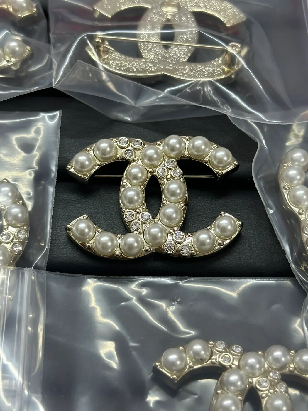 Chanel Pearl-Effect Rhinestone CC Brooch Gold-Tone product view 1