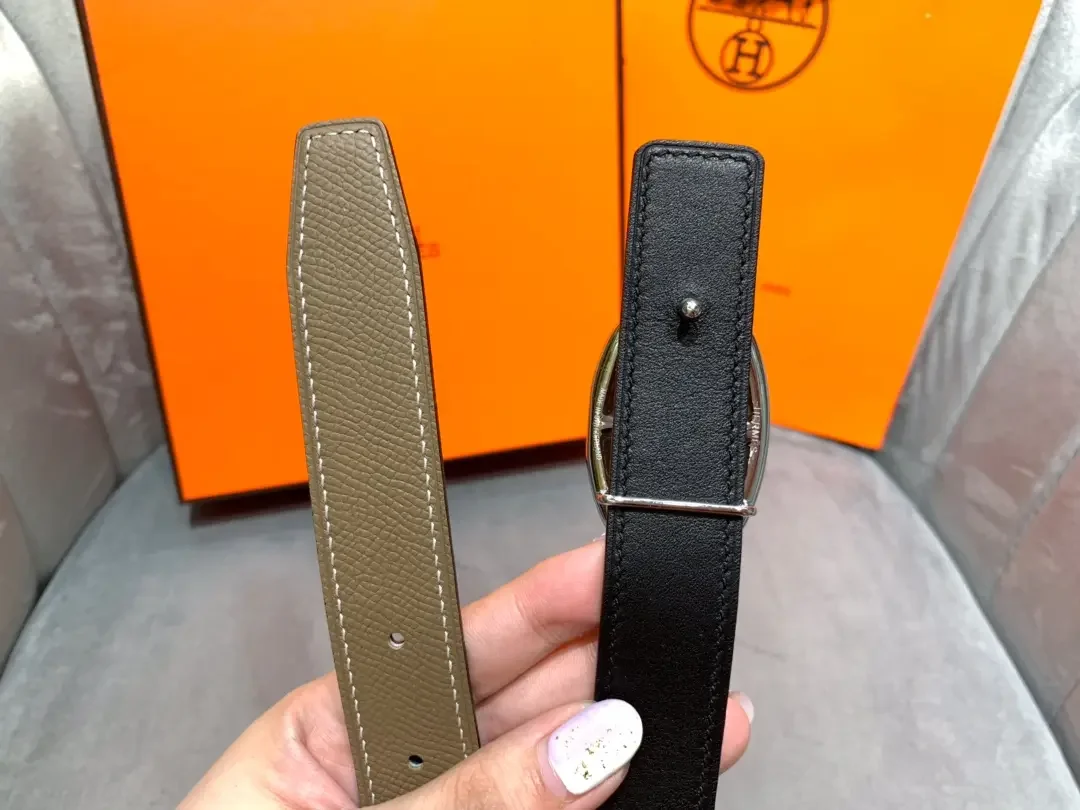 Hermès Taupe/Black Reversible Belt with Silver-Tone Oval Buckle product view 5