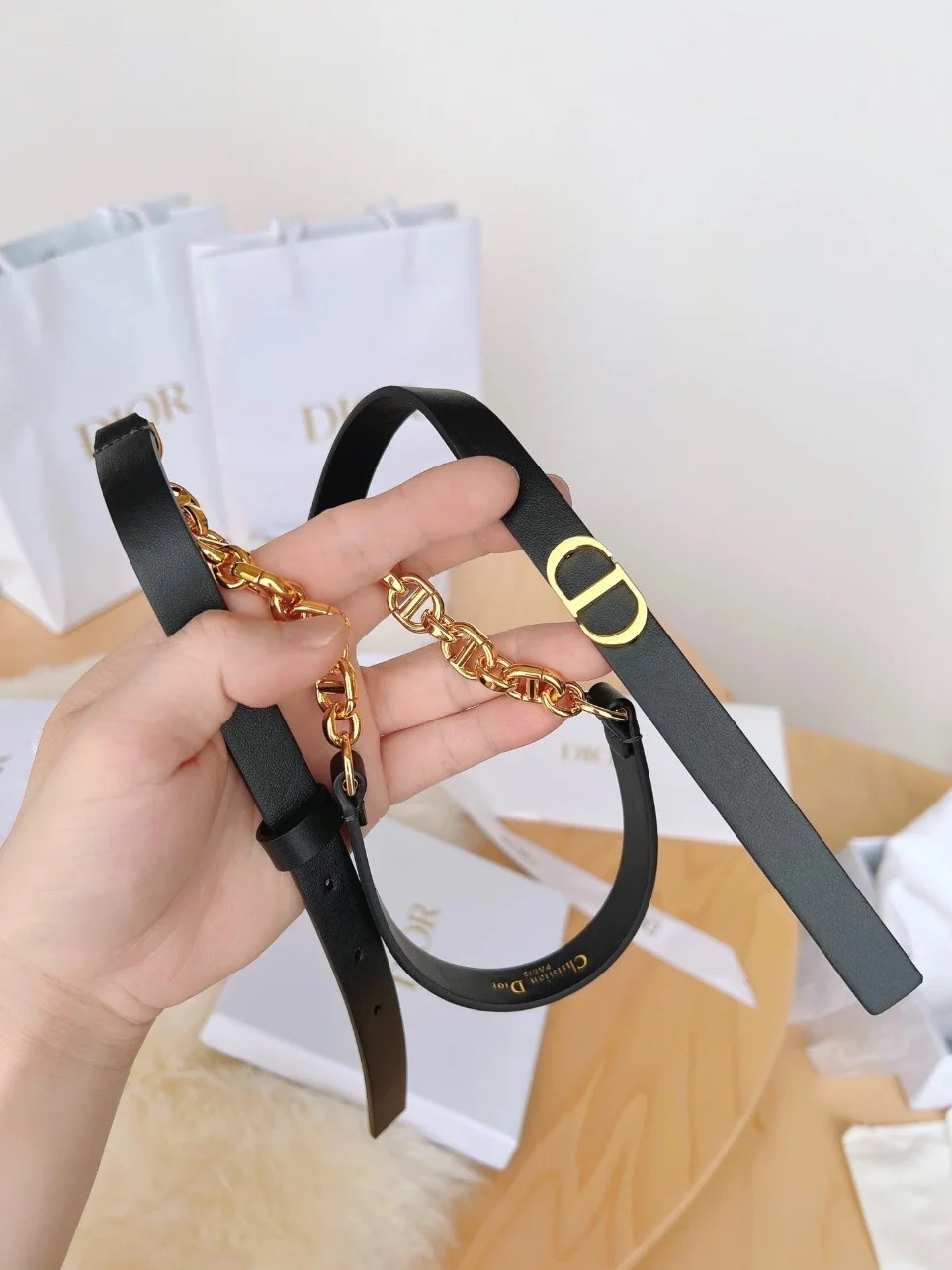 Dior Caro 15MM Belt in Black Calfskin and Chain product view 7